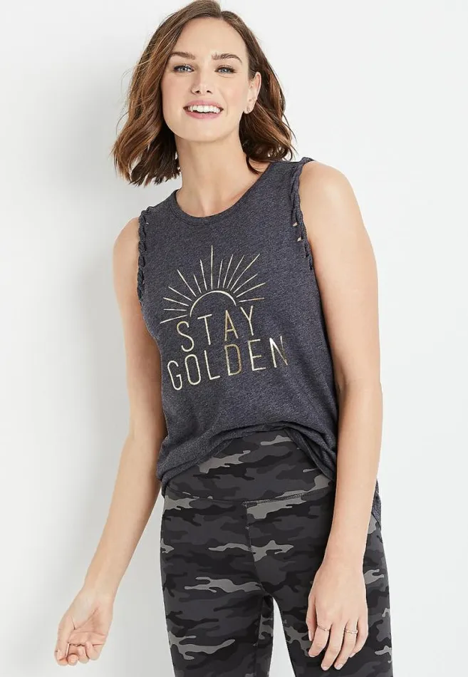 Women Stay Golden Braided Arm Graphic Tank Top Maurices Tops