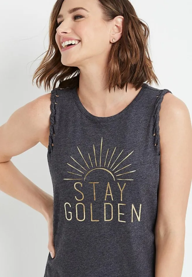 Women Stay Golden Braided Arm Graphic Tank Top Maurices Tops