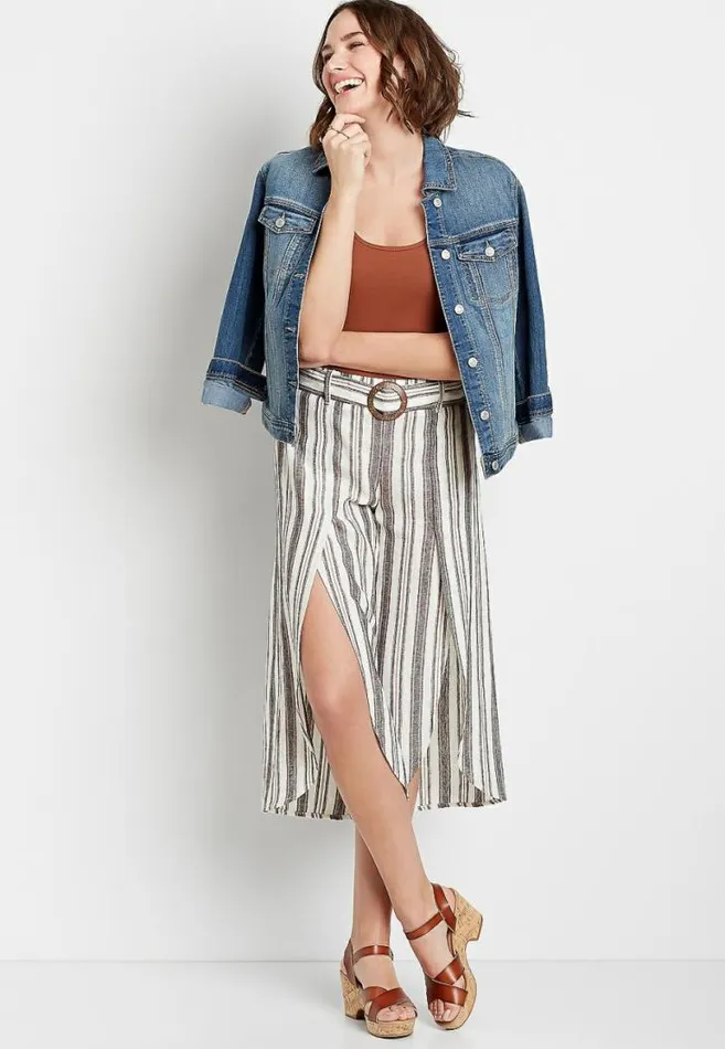 Women Stripe Linen Belted Cropped Flyaway Pant Maurices Bottoms