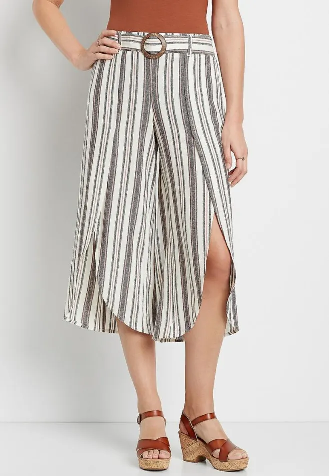 Women Stripe Linen Belted Cropped Flyaway Pant Maurices Bottoms