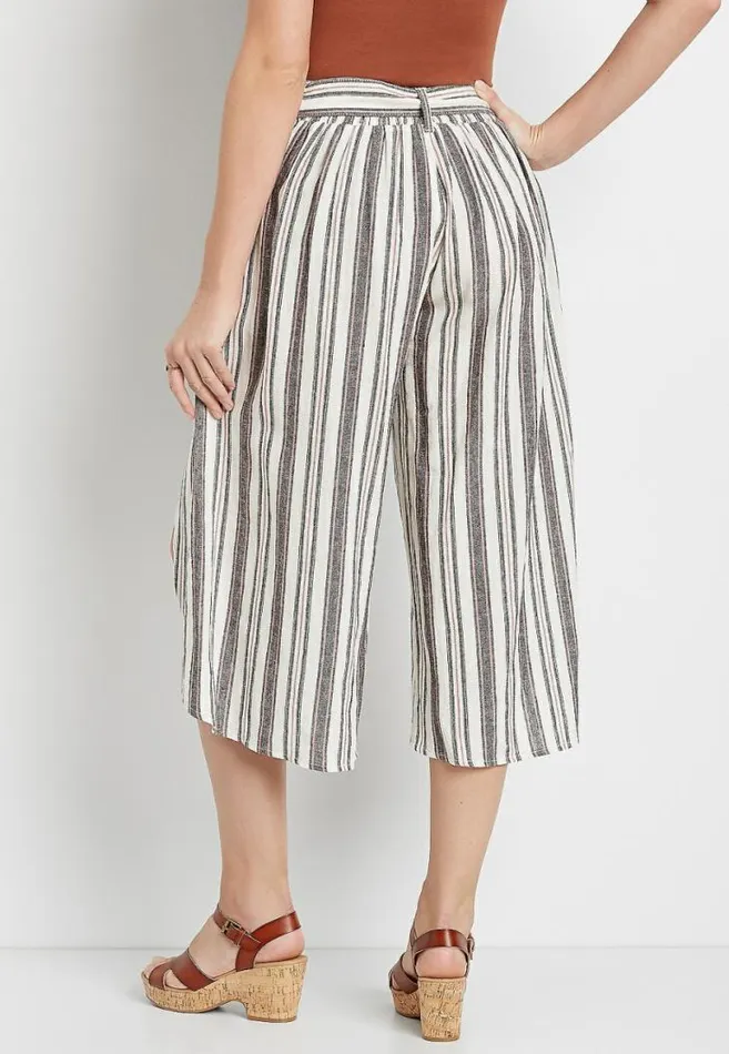 Women Stripe Linen Belted Cropped Flyaway Pant Maurices Bottoms