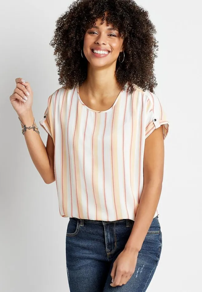 Women Striped Zipper Back Short Sleeve Blouse Maurices Tops