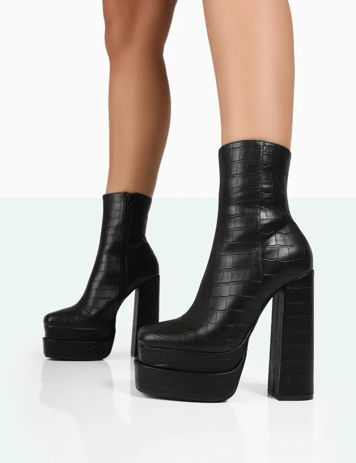 Women Supine Black Croc Chunky Platform Ankle Boots Black Public Desire Ankle Boots