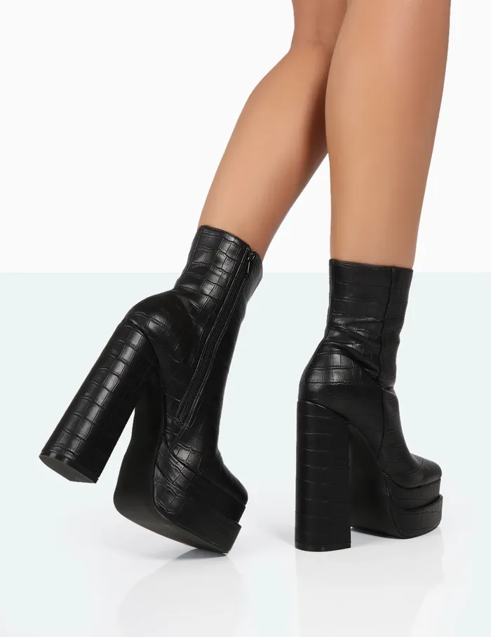 Women Supine Black Croc Chunky Platform Ankle Boots Black Public Desire Ankle Boots