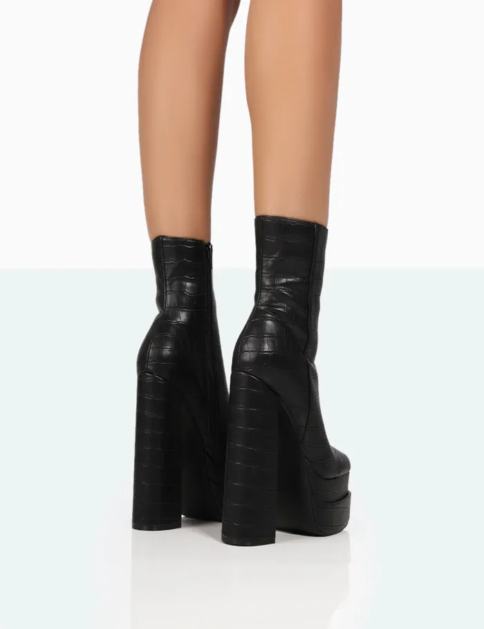 Women Supine Black Croc Chunky Platform Ankle Boots Black Public Desire Ankle Boots