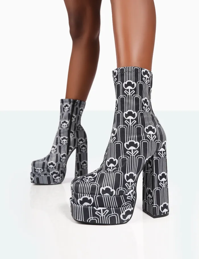 Women Supreme Black Flower Print Statement Knitted Platform Block Boots Black Public Desire Ankle Boots
