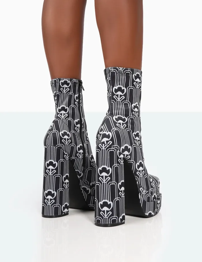 Women Supreme Black Flower Print Statement Knitted Platform Block Boots Black Public Desire Ankle Boots