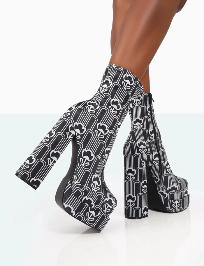 Women Supreme Black Flower Print Statement Knitted Platform Block Boots Black Public Desire Ankle Boots