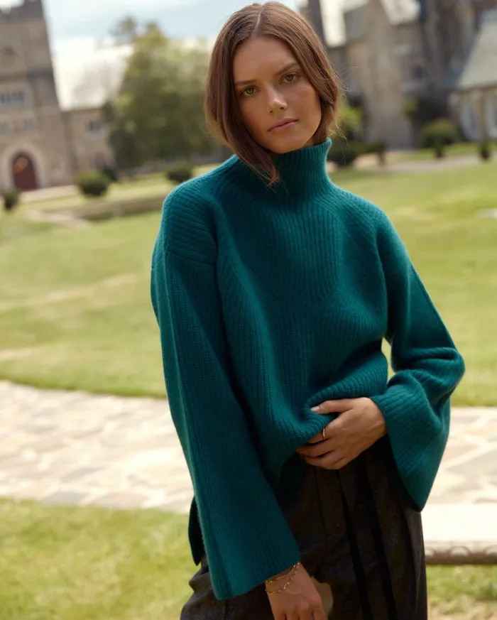 Women Sweaters and Knits Billy Reid Transfer Rib Funnel Sweater Dark Teal