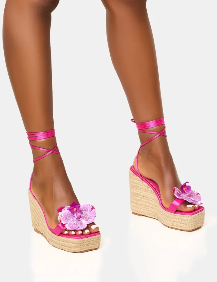 Women Tabatha Pink Raffia Flower Strappy Espadrille Wedge Pink Public Desire View All Heels