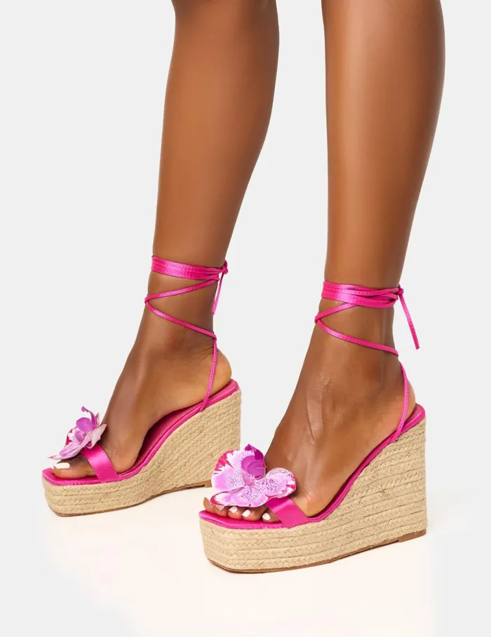 Women Tabatha Pink Raffia Flower Strappy Espadrille Wedge Pink Public Desire View All Heels
