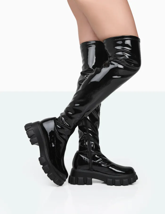 Women Take Chances Black Patent Chunky Sole Knee High Boots Black Public Desire Long Boots Women Take Chances Black Patent Chunky Sole Knee High Boots Black Public Desire Long Boots