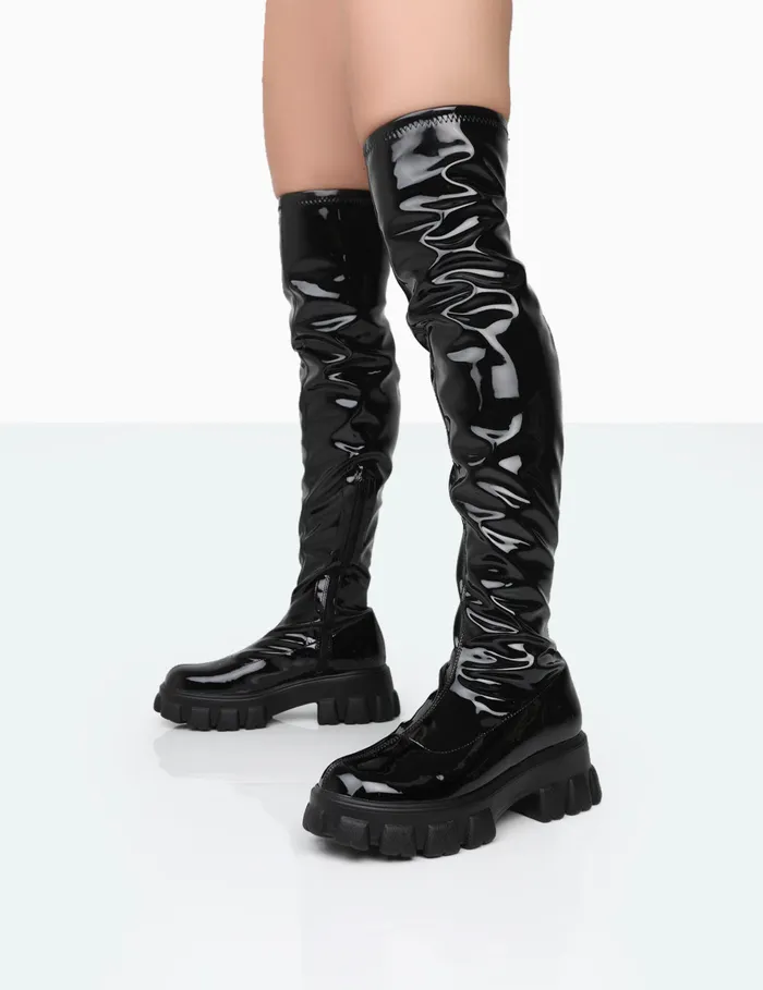 Women Take Chances Black Patent Chunky Sole Knee High Boots Black Public Desire Long Boots