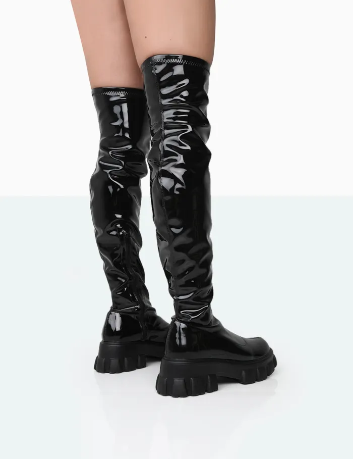 Women Take Chances Black Patent Chunky Sole Knee High Boots Black Public Desire Long Boots