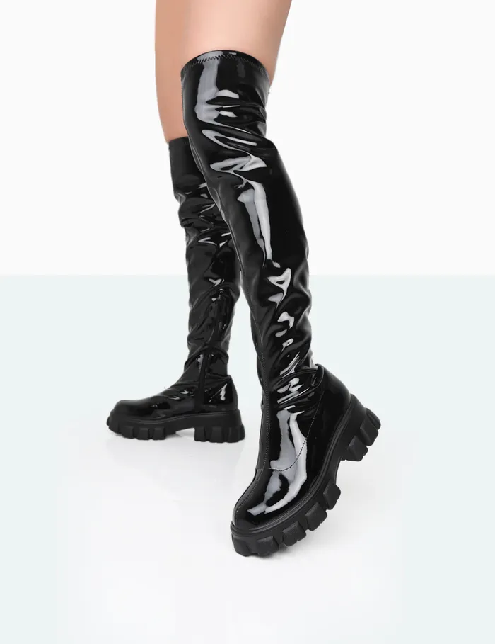 Women Take Chances Black Patent Chunky Sole Knee High Boots Black Public Desire Long Boots