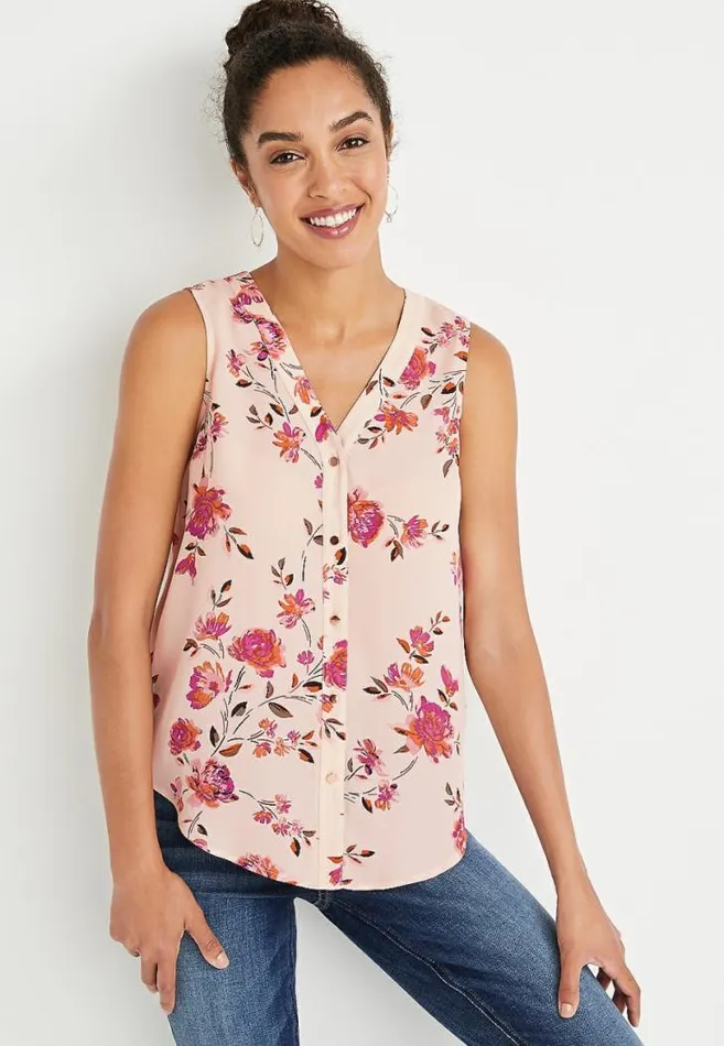 Women Tan Floral Button Down Tank Top Maurices Tops