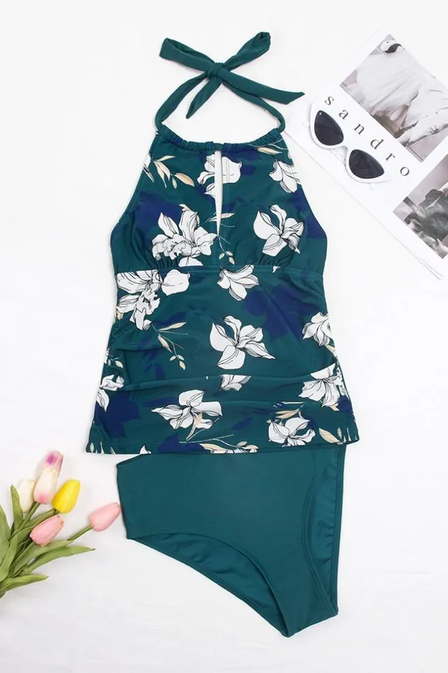 Women Tankini Cupshe Charmed Romance Keyhole Tankini and High Waist Bikini Bottom Set Green