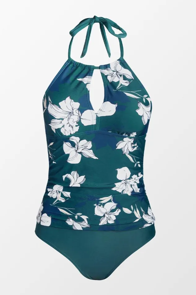 Women Tankini Cupshe Charmed Romance Keyhole Tankini and High Waist Bikini Bottom Set Green