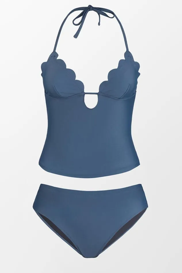 Women Tankini Cupshe Omniscient Solid Scalloped Tankini And Classic Hipster Set Navy