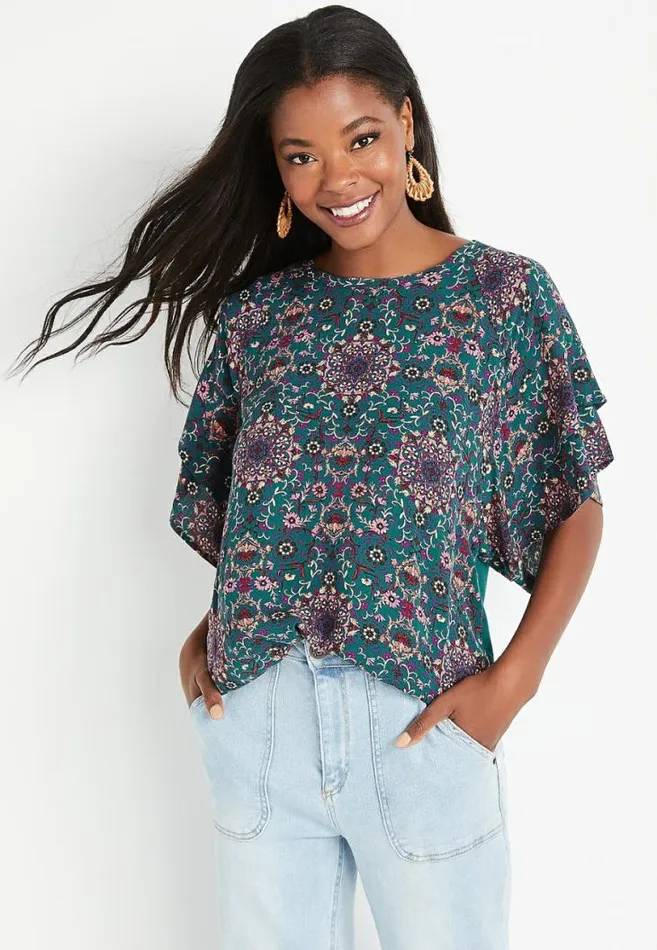 Women Teal Floral Flutter Sleeve Top Maurices Tops