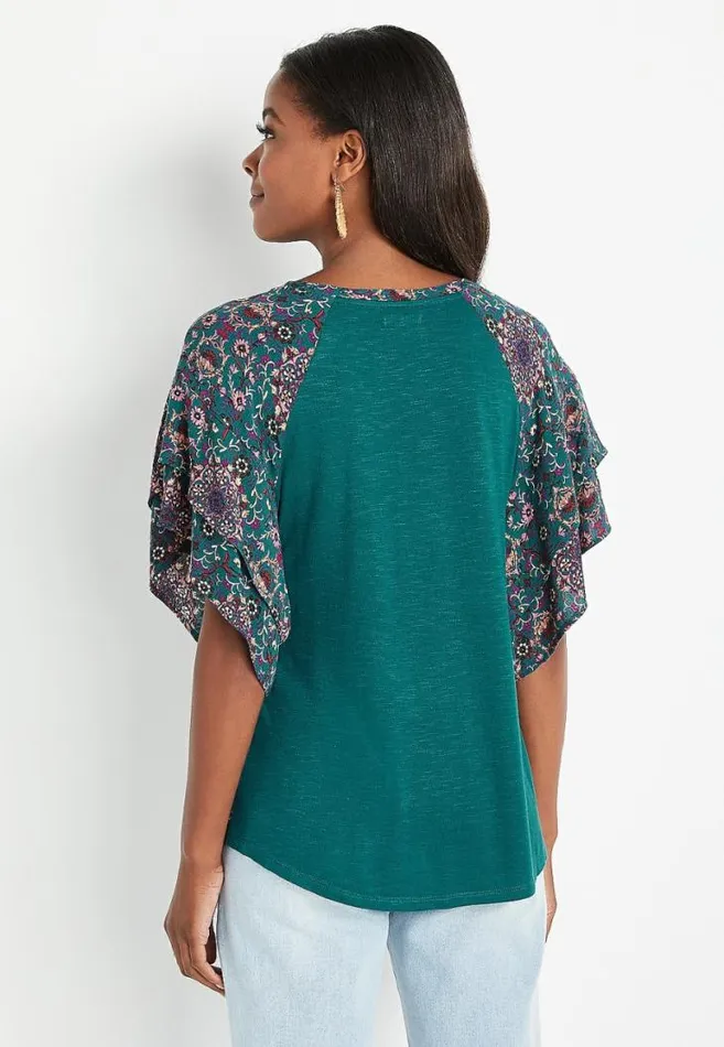 Women Teal Floral Flutter Sleeve Top Maurices Tops