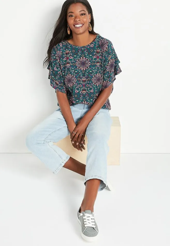 Women Teal Floral Flutter Sleeve Top Maurices Tops