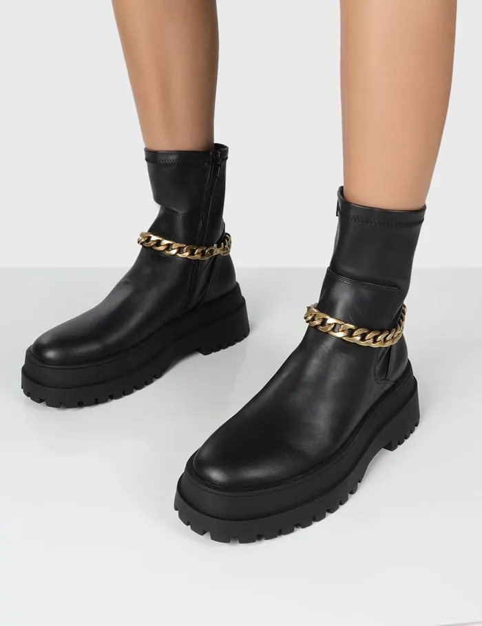 Women Tessa Black Chunky Chain Detail Ankle Boots Black Public Desire Ankle Boots