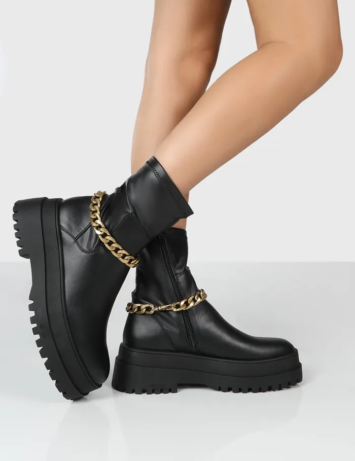Women Tessa Black Chunky Chain Detail Ankle Boots Black Public Desire Ankle Boots