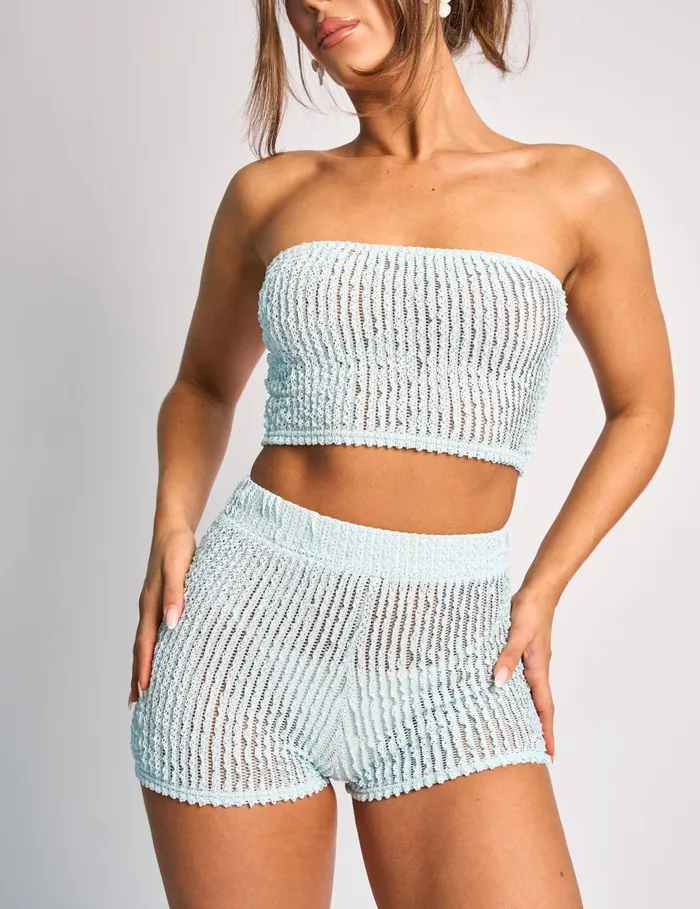Women Textured Bandeau Crop Top Co Ord Blue Blue Public Desire Tops