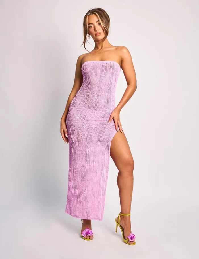 Women Textured Bandeau Side Split Detail Midaxi Dress Lilac Lilac Public Desire Holiday