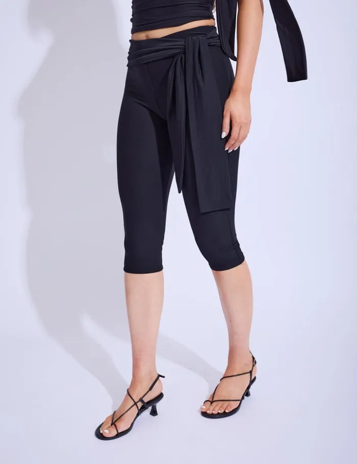 Women Tie Side Luxe Slinky Black Capri Pants Black Public Desire Festival