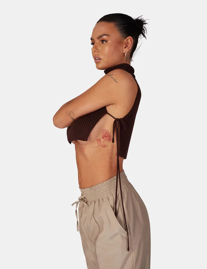 Women Tie Side Roll Neck Crop Top Kaiia Brown Public Desire Knitwear