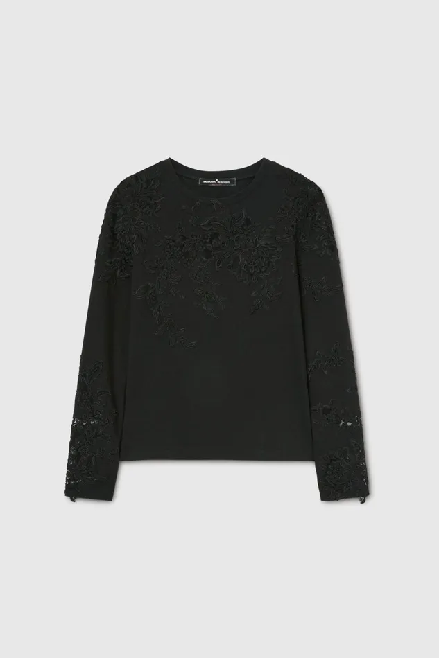 Women Tops and Shirts Ermanno Scervino Cotton Long Sleeve Top With Lace Total Black 8211 Ermanno Scervino Black Women Tops and Shirts Ermanno Scervino Cotton Long Sleeve Top With Lace Total Black 8211 Ermanno Scervino Black
