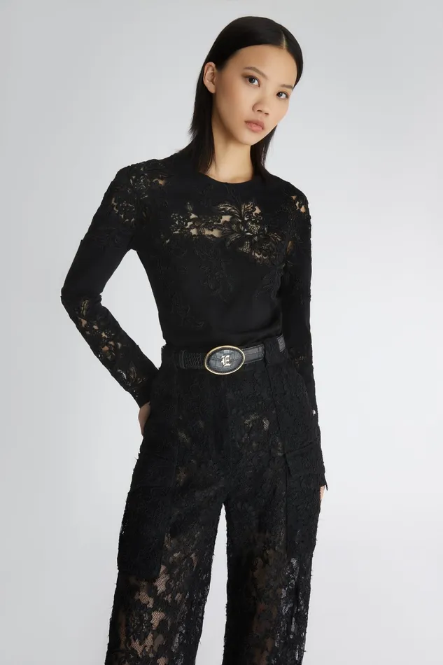 Women Tops and Shirts Ermanno Scervino Cotton Long Sleeve Top With Lace Total Black 8211 Ermanno Scervino Black