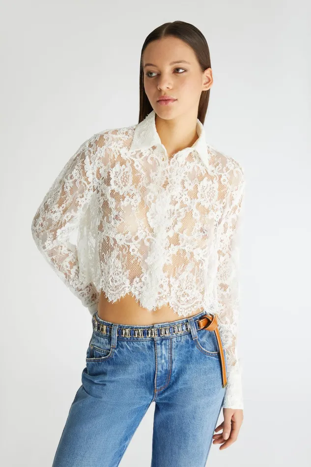Women Tops and Shirts Ermanno Scervino Designer Cropped Lace Shirt 8211 Ermanno Scervino White