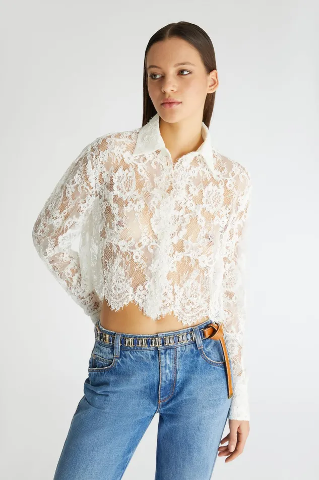 Women Tops and Shirts Ermanno Scervino Designer Cropped Lace Shirt 8211 Ermanno Scervino White