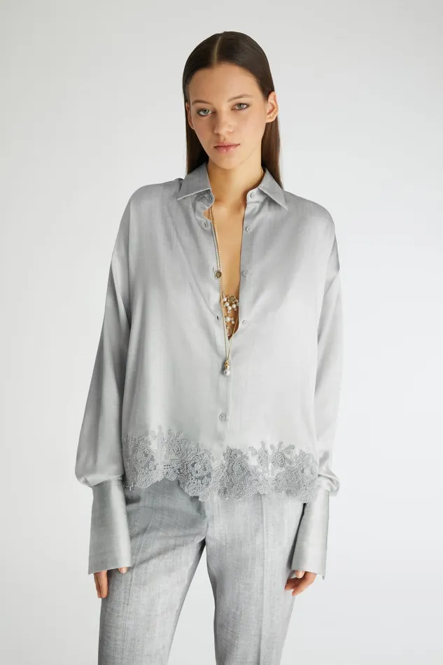 Women Tops and Shirts Ermanno Scervino Designer Satin Regular Shirt With Lace 8211 Ermanno Scervino Grey Denim