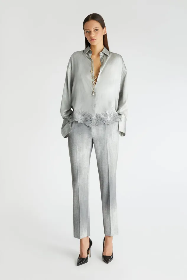 Women Tops and Shirts Ermanno Scervino Designer Satin Regular Shirt With Lace 8211 Ermanno Scervino Grey Denim