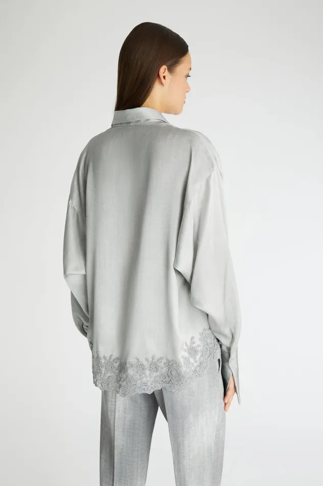 Women Tops and Shirts Ermanno Scervino Designer Satin Regular Shirt With Lace 8211 Ermanno Scervino Grey Denim