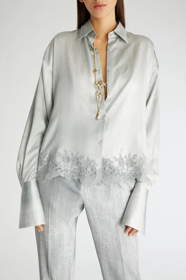 Women Tops and Shirts Ermanno Scervino Designer Satin Regular Shirt With Lace 8211 Ermanno Scervino Grey Denim