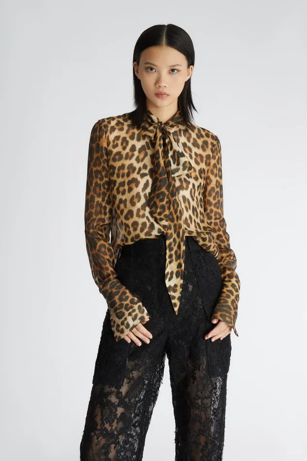 Women Tops and Shirts Ermanno Scervino Designer Silk Chiffon Shirt With Animal Print 8211 Ermanno Scervino Leopard Print