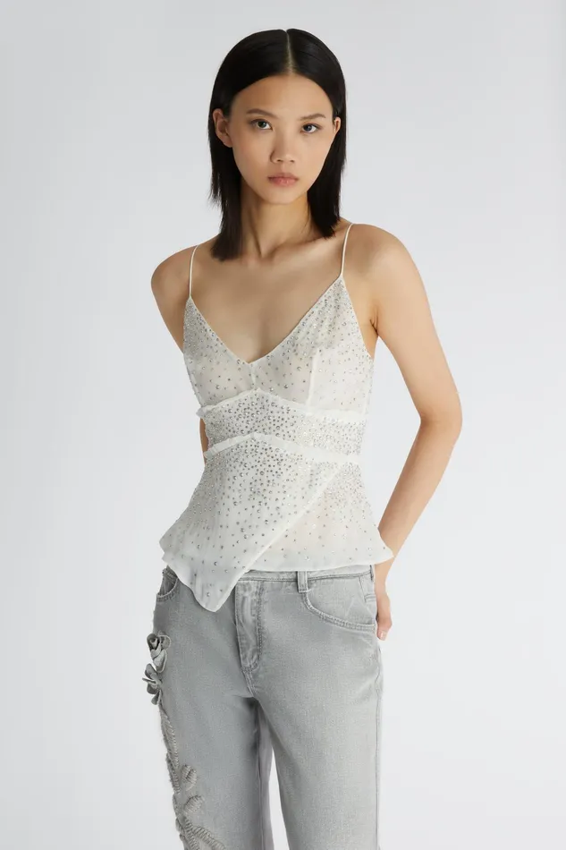 Women Tops and Shirts Ermanno Scervino Designer Silk Lingerie Top With Crystals 8211 Ermanno Scervino White