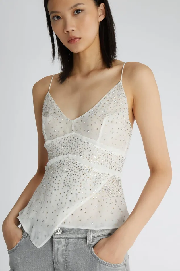 Women Tops and Shirts Ermanno Scervino Designer Silk Lingerie Top With Crystals 8211 Ermanno Scervino White