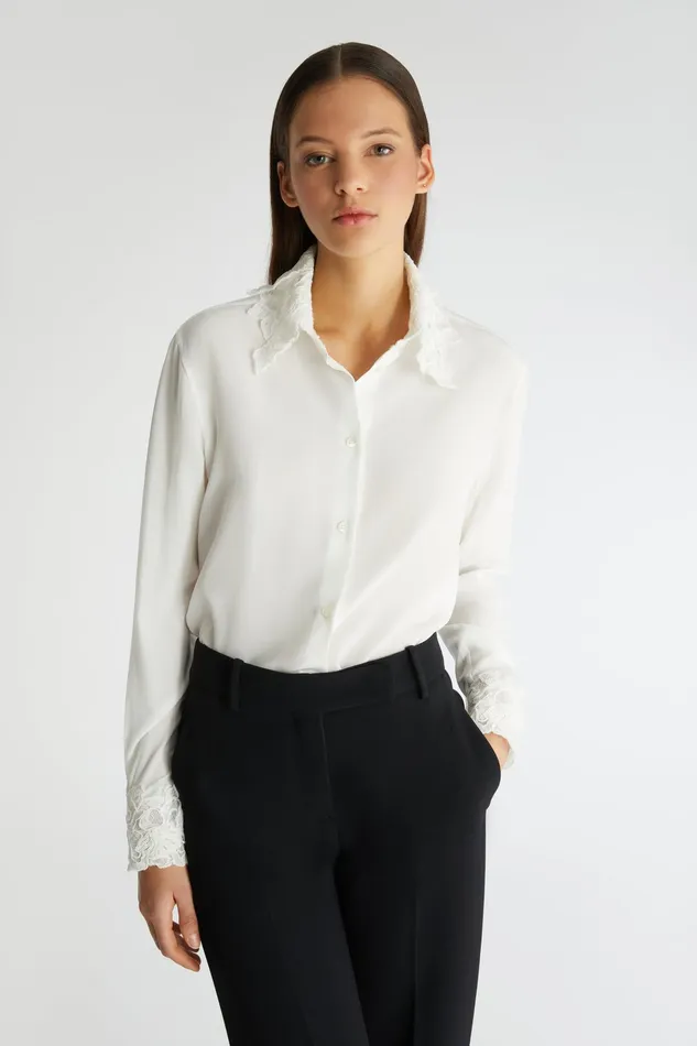 Women Tops and Shirts Ermanno Scervino Designer Women039s White Silk Shirt With Collar 8211 Ermanno Scervino White