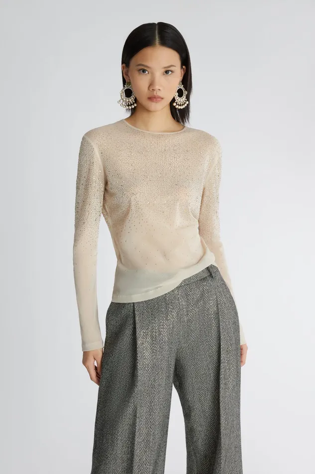 Women Tops and Shirts Ermanno Scervino Tulle Long Sleeve Top With Crystals 8211 Ermanno Scervino Grey