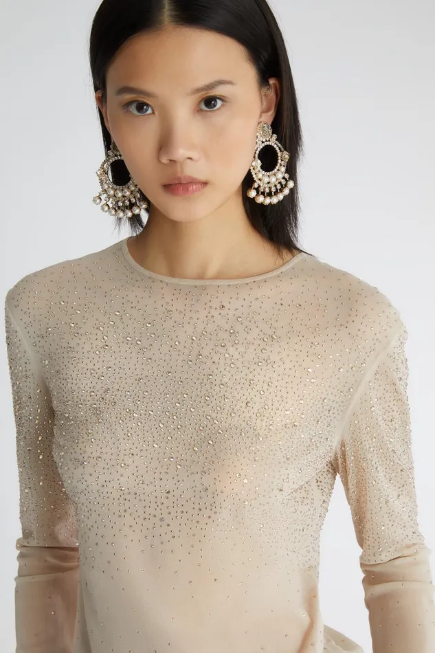 Women Tops and Shirts Ermanno Scervino Tulle Long Sleeve Top With Crystals 8211 Ermanno Scervino Grey
