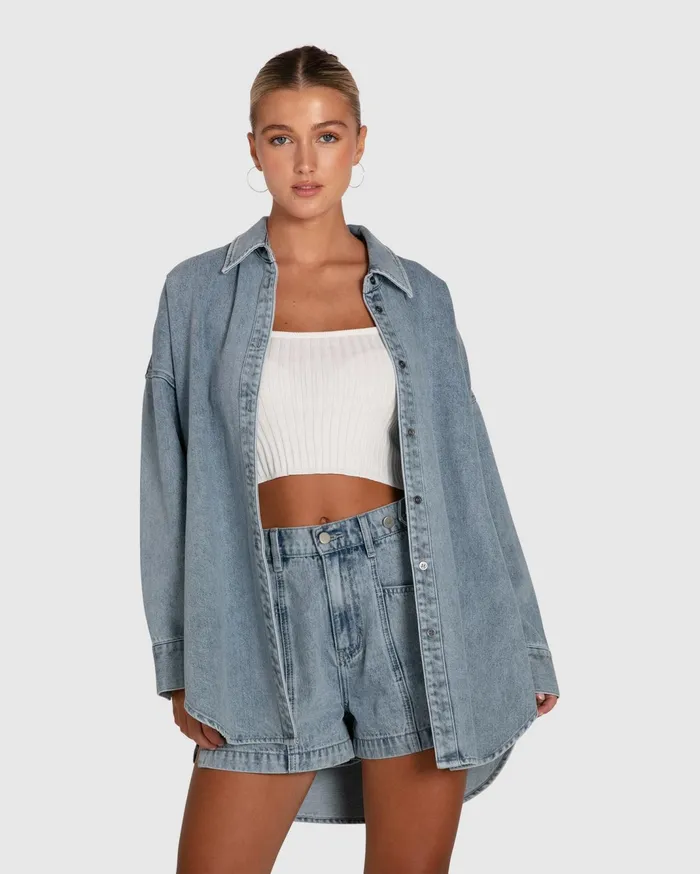 Women Tops Belle and Bloom Into Him Oversized Denim Shirt 8211 Stonewash