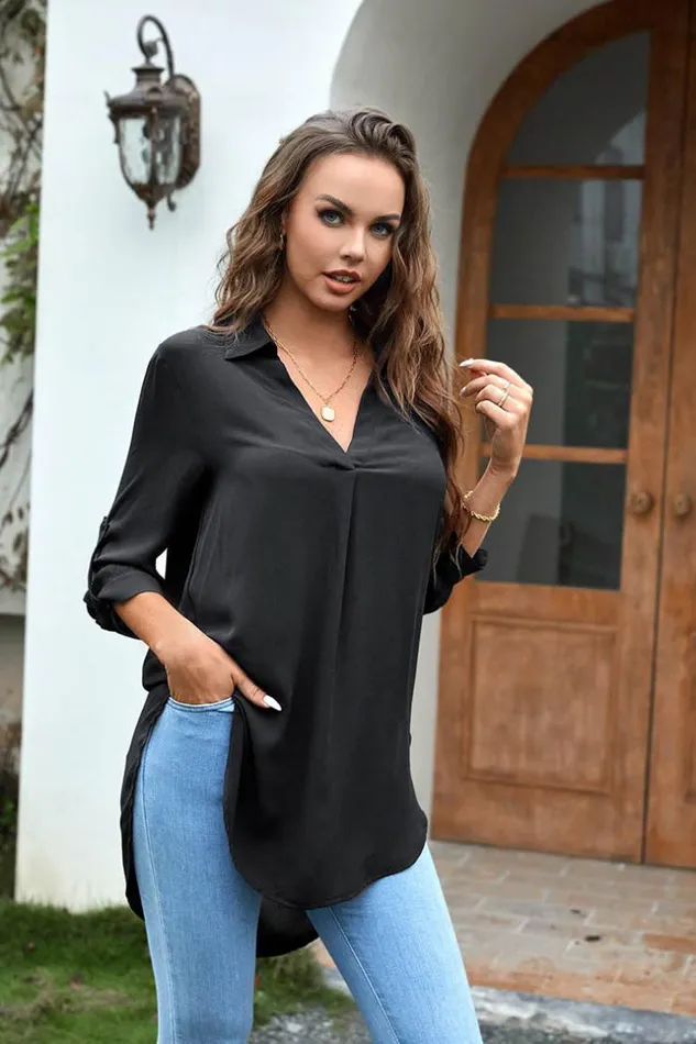 Women Tops Cupshe Asia Blue Shirt Collar Set In Sleeve Top Black