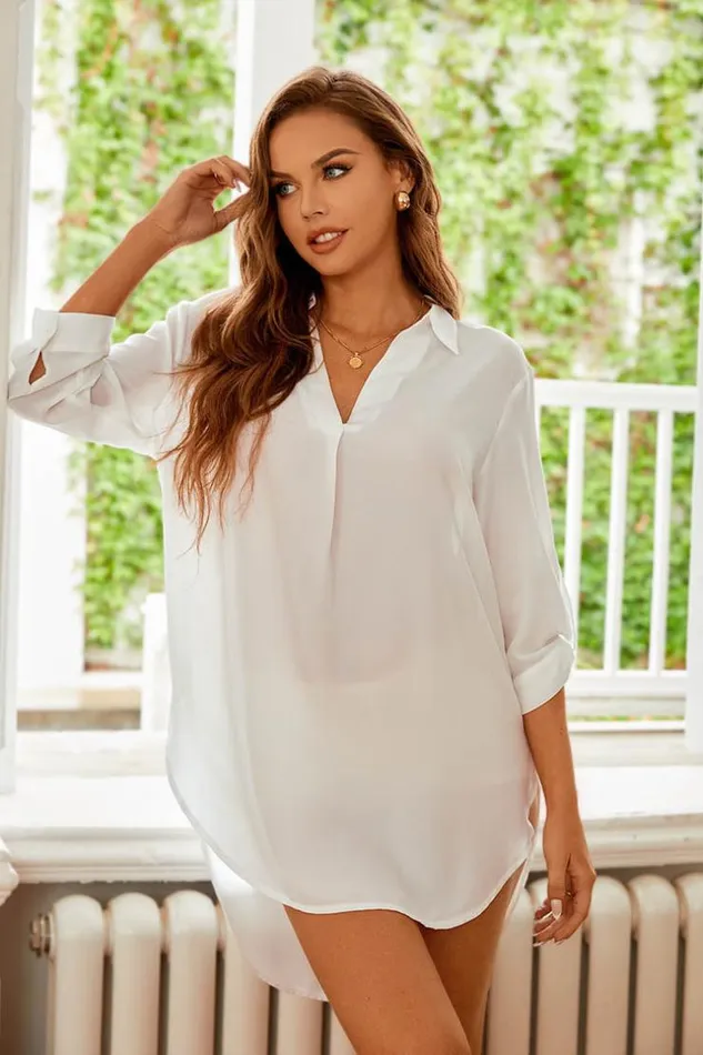 Women Tops Cupshe Asia White Shirt Collar Set In Sleeve Top White