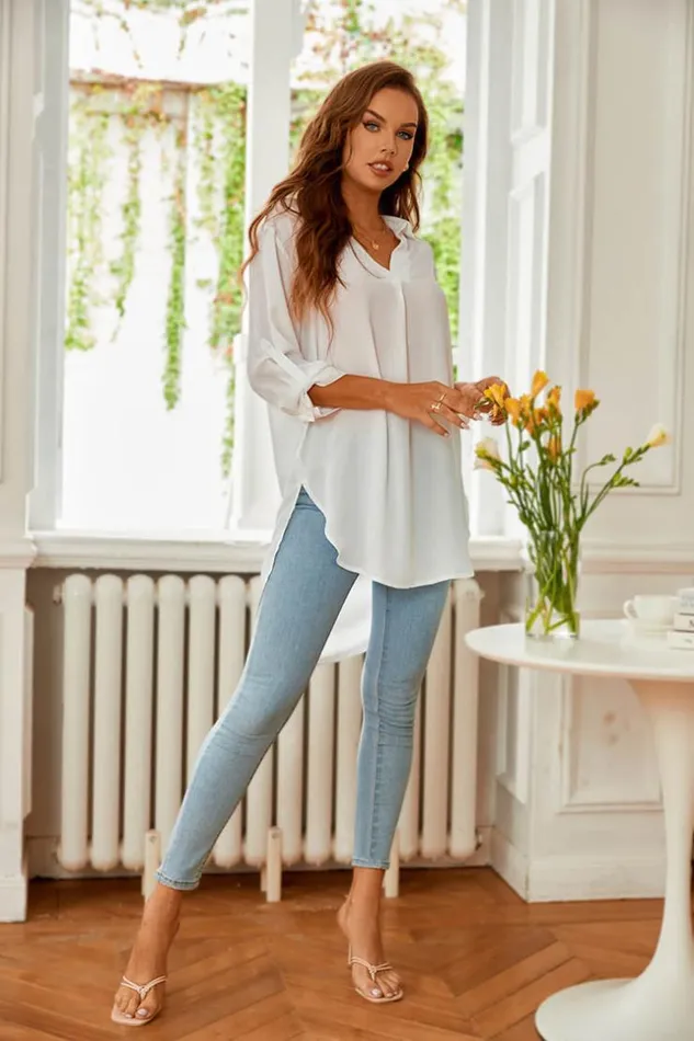 Women Tops Cupshe Asia White Shirt Collar Set In Sleeve Top White